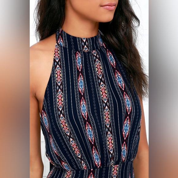 LULU’S NAVY BLUE PRINT HALTER MAXI DRESS - Picture 3 of 15